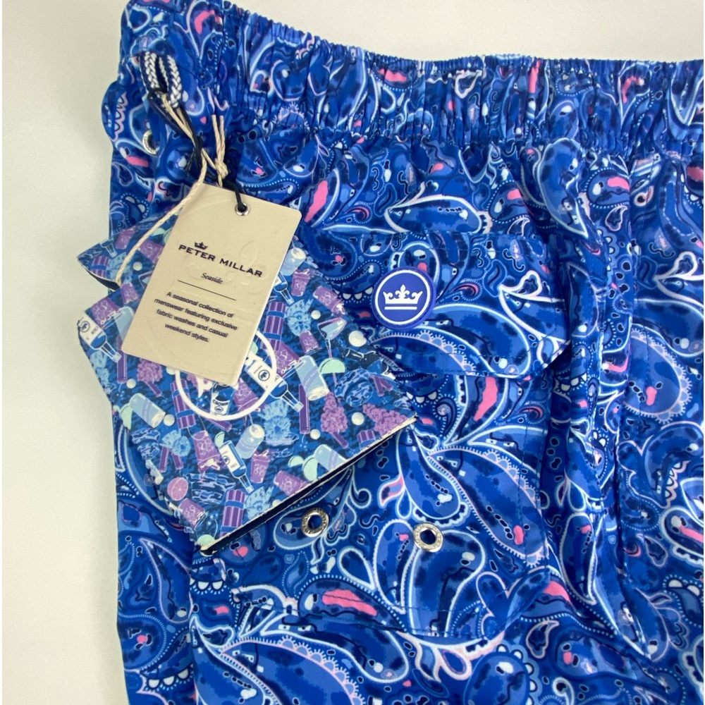 NWT Peter Millar Seaside Birds Eye Print Blue W/ Koozie‎ Swim Trunks $98 SMALL